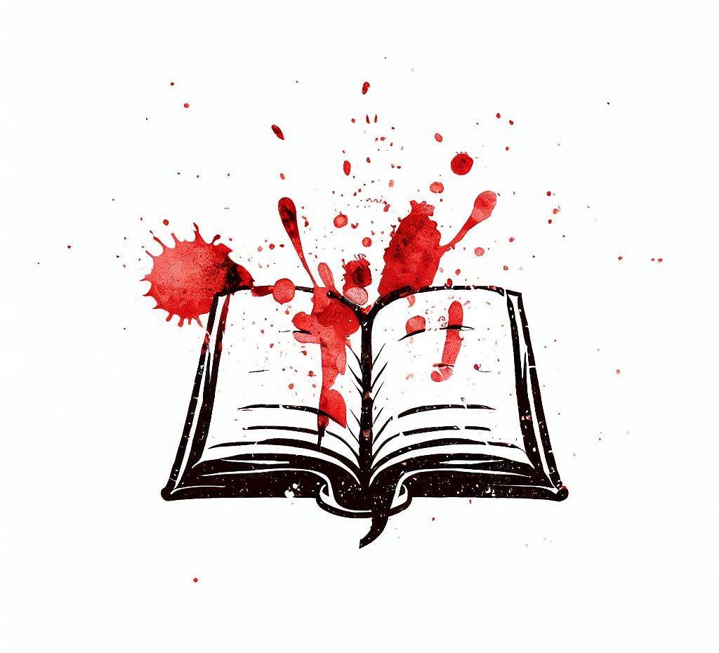 Commaphile logo: a book spattered with red ink